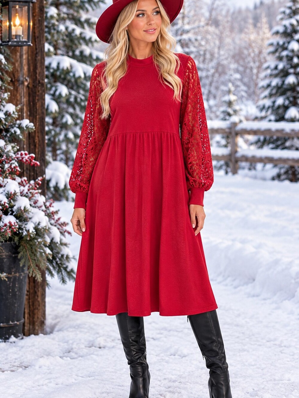 torrid Red Lace-Sleeve Long-Sleeve Swing Dress